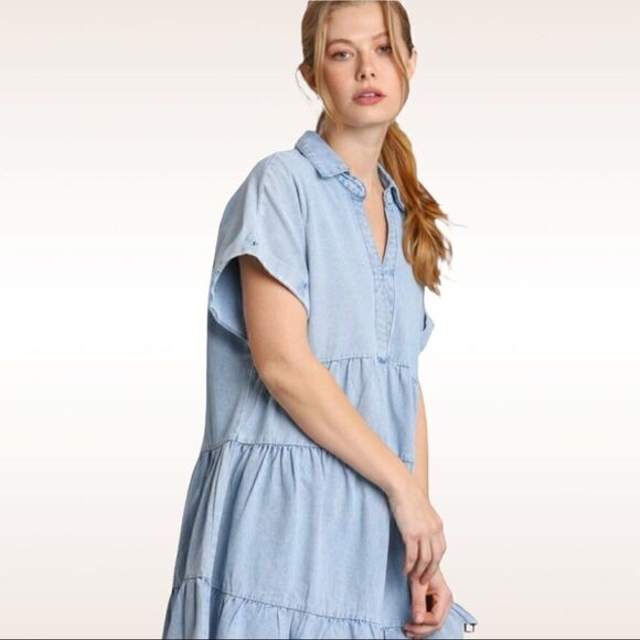 Umgee Ruffle Tiered Denim Dress with Frayed Hem NWT - Picture 5 of 6